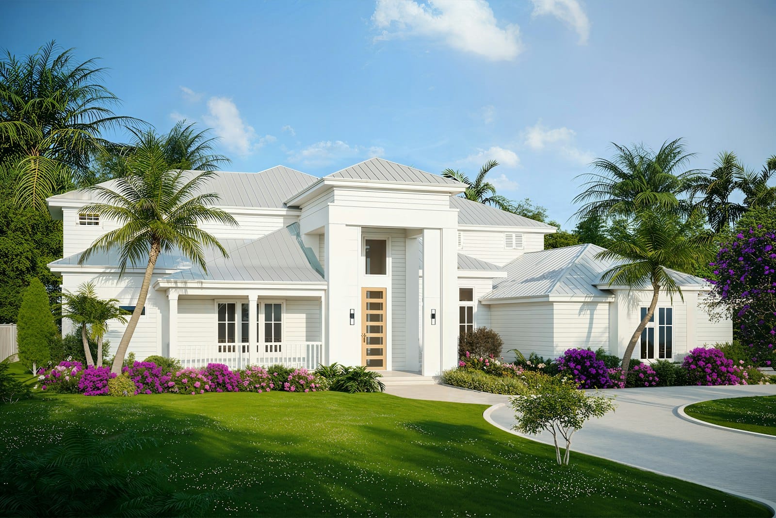 Casa blanca estilo Florida con palmas
