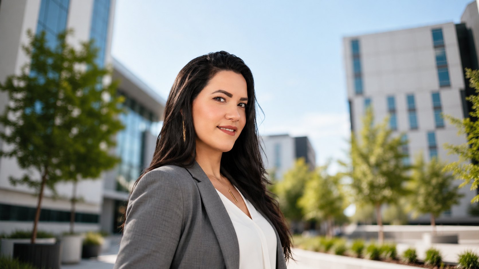 Danelis Veliz sonriendo frente a edificios modernos
